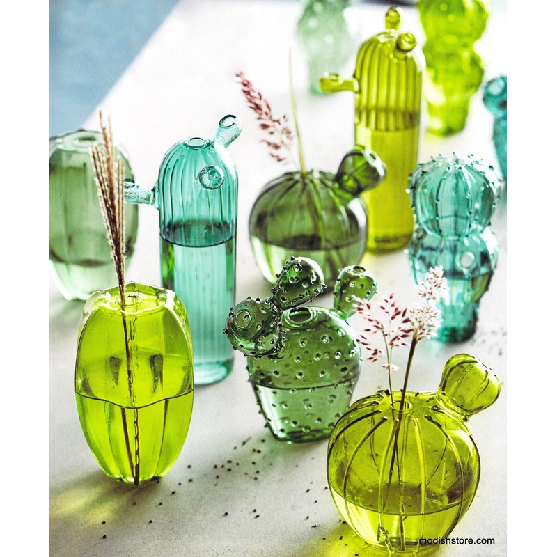 Quirky Cactus Hand-Blown Glass Vases - Set Of 5