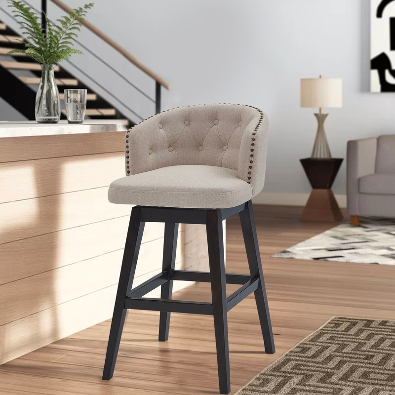 26 Inches Button Tufted Fabric Padded Swivel Counter Stool, Beige By Benzara