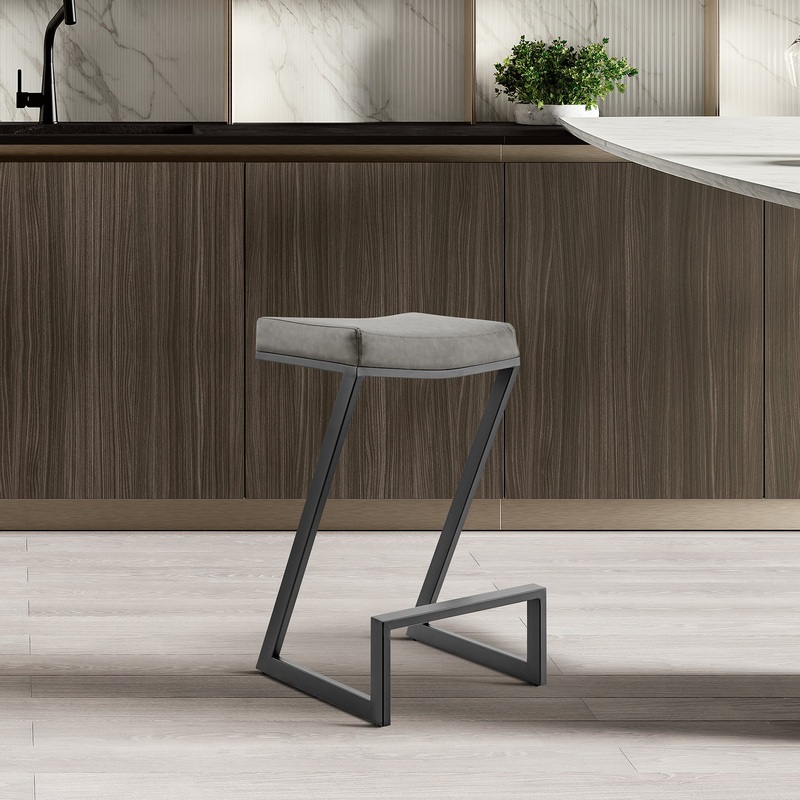 Atlantis 30" Backless Bar Stool with Matte Black Iron and Vintage Gray Faux Leather By Armen Living