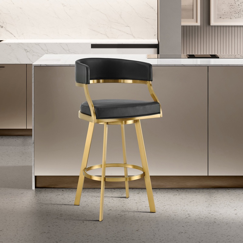 Saturn 26" Swivel Counter Stool with Gold Brushed Stainless Steel and Black Faux Leather By Armen Living