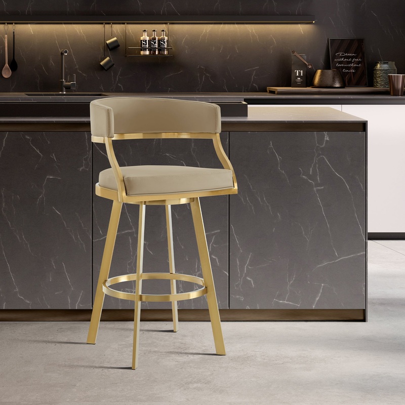 Saturn 26" Swivel Counter Stool with Gold Brushed Stainless Steel and Light Sand Faux Leather By Armen Living