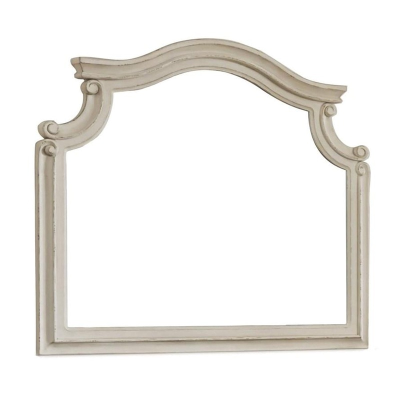 Scalloped Top Wood Encased Mirror with Molded Details, Antique White By Benzara