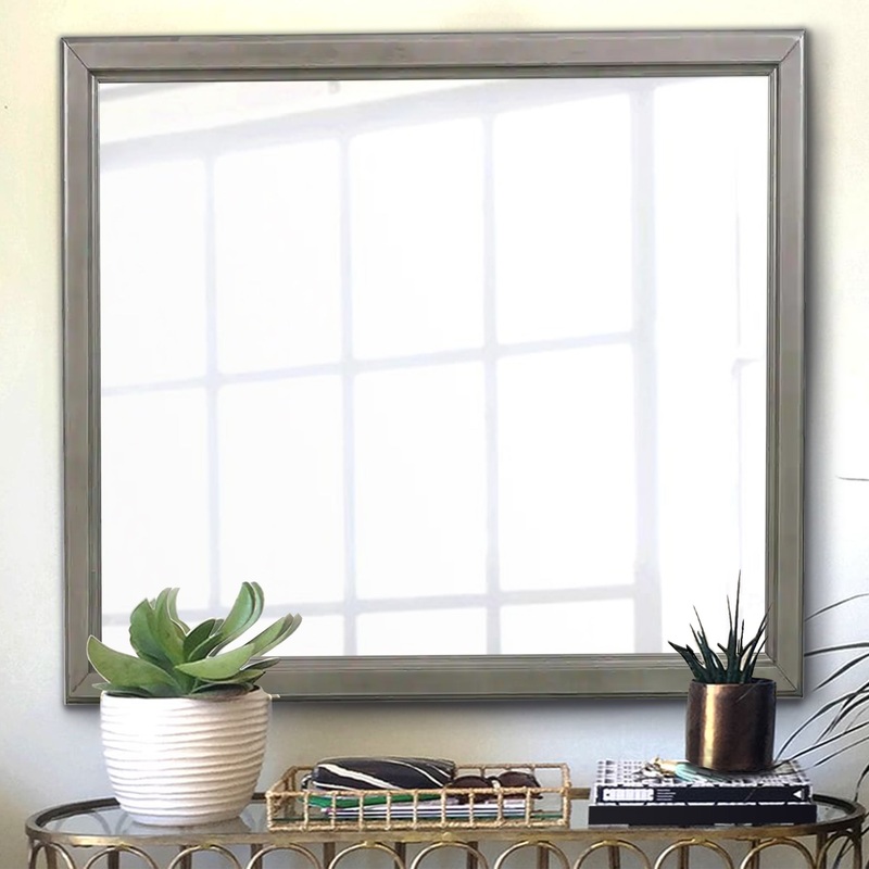 Wooden Square Mirror with Molded Details and Dual Texture, Gray By Benzara