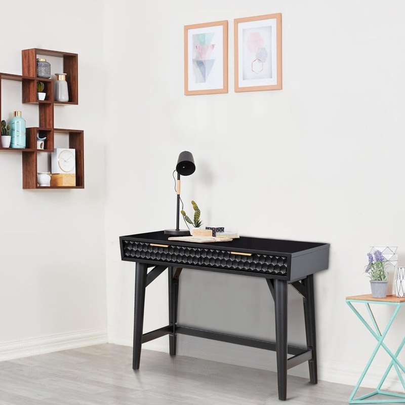 Writing Desk with 2 Drawers and Wooden Frame, Black By Benzara