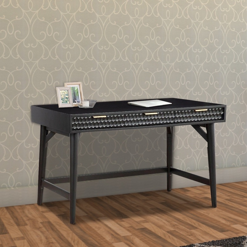 Writing Desk with 3 Drawers and Wooden Frame, Black By Benzara