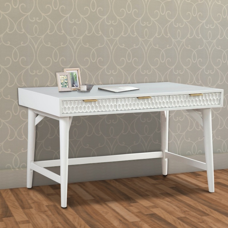 Writing Desk with 3 Drawers and Wooden Frame, White By Benzara