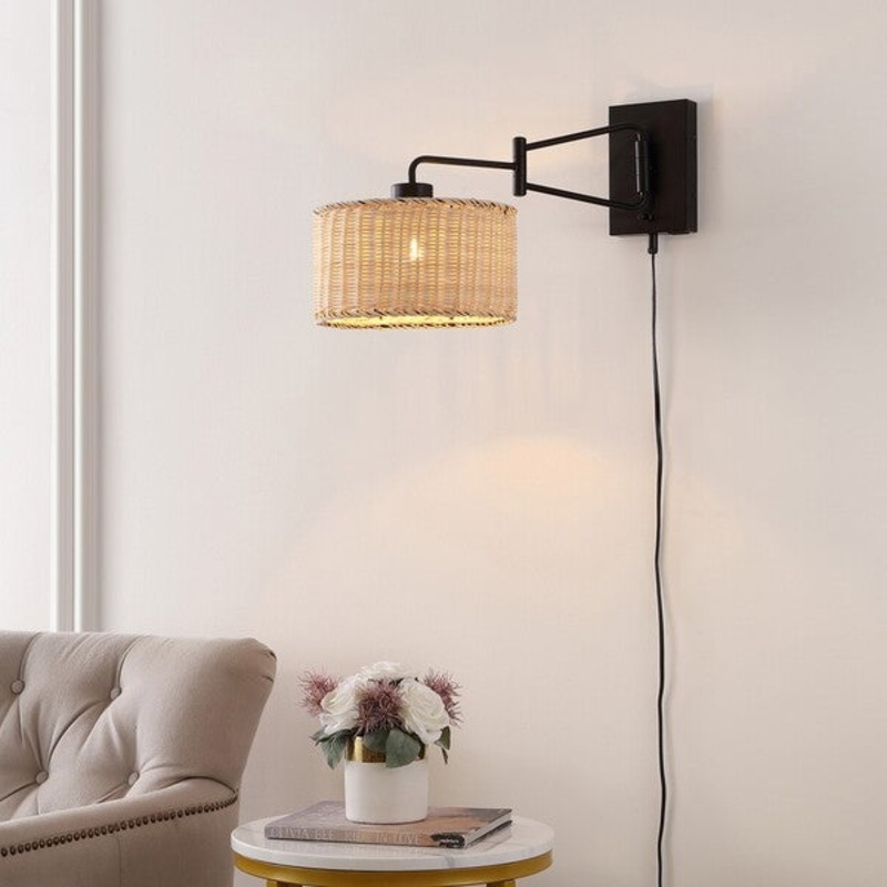 Safavieh Bramley, 21 Inch, Natural/Black, Rattan/Iron Wall Sconce W/ Usb Port Set Of 2 - Black