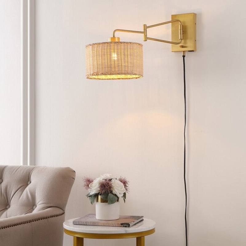 Safavieh Bramley, 21 Inch, Natural/Brass, Rattan/Iron Wall Sconce  W/ Usb Port Set Of 2 - Brass