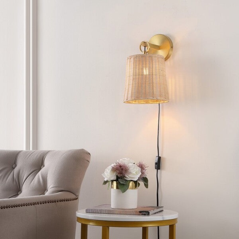 Safavieh Ciaran, 9.5 Inch, Natural/Brass, Rattan/Iron Wall Sconce Set Of 2? Set Of 2 - Brass