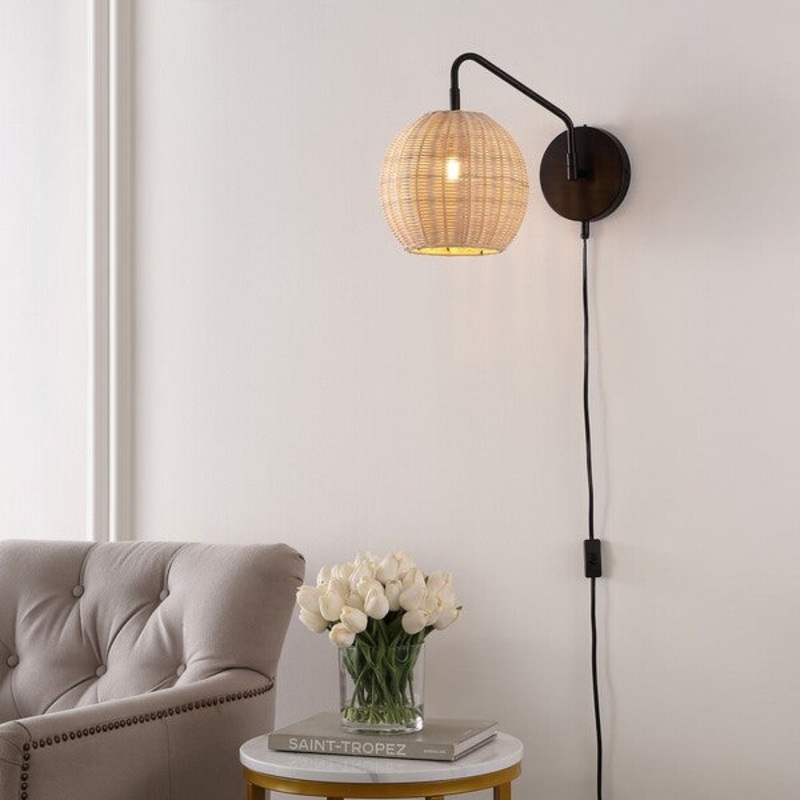 Safavieh Grigory, 15 Inch, Natural/Black, Rattan/Iron Wall Sconce Set Of 2? Set Of 2 - Black
