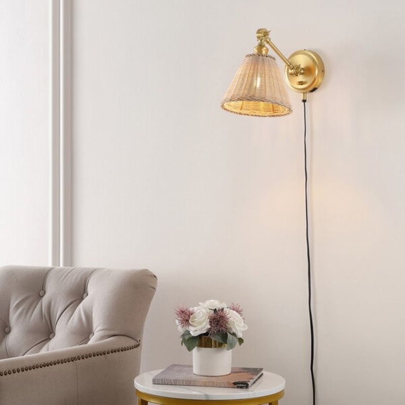 Safavieh Oswynn, 15 Inch, Natural/Brass, Rattan/Iron Wall Sconce Set Of 2 W/ Usb Port Set Of 2 - Brass