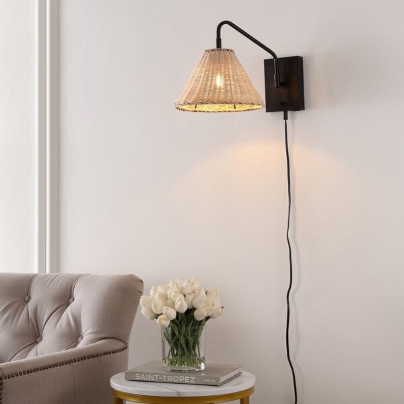 Safavieh Tressa, 16 Inch, Natural/Black, Rattan/Iron Wall Sconce Set Of 2 W/ Usb Port Set Of 2 - Black