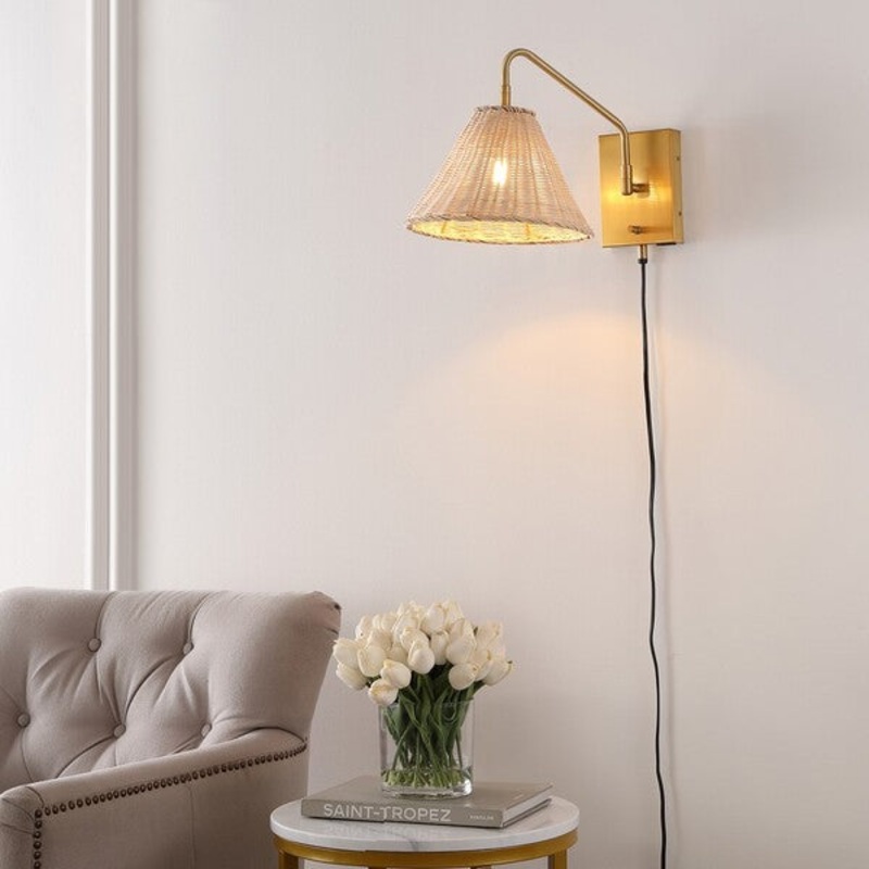 Safavieh Tressa, 16 Inch, Natural/Brass, Rattan/Iron Wall Sconce Set Of 2 W/ Usb Port Set Of 2 - Brass