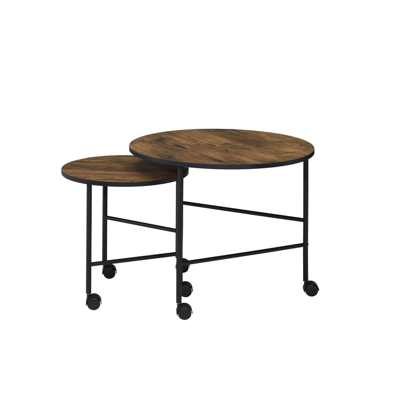 2 Piece Round Nesting End Table with Casters, Oak Brown and Black By Benzara