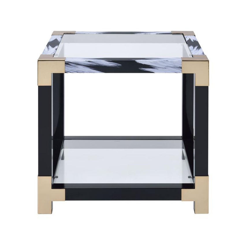 34 Inch Glass Top Rectangular Metal End Table, Black By Benzara