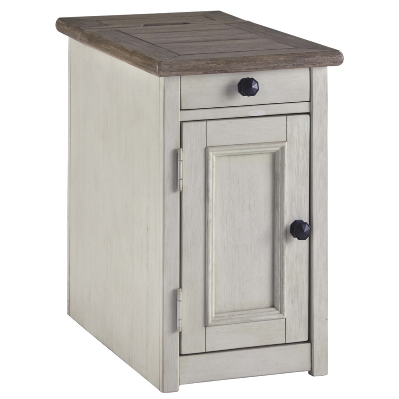 Chair Side End Table with 1 Cabinet and Pull Out Tray, White and Brown By Benzara