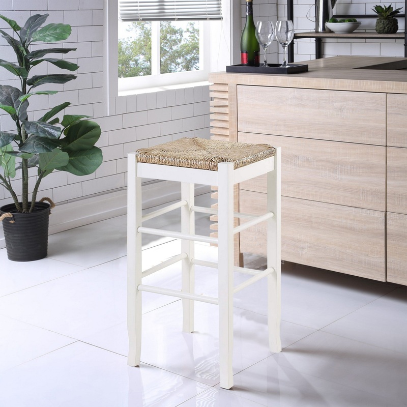 Square Wooden Frame Barstool with Hand Woven Rush, White and Brown By Benzara