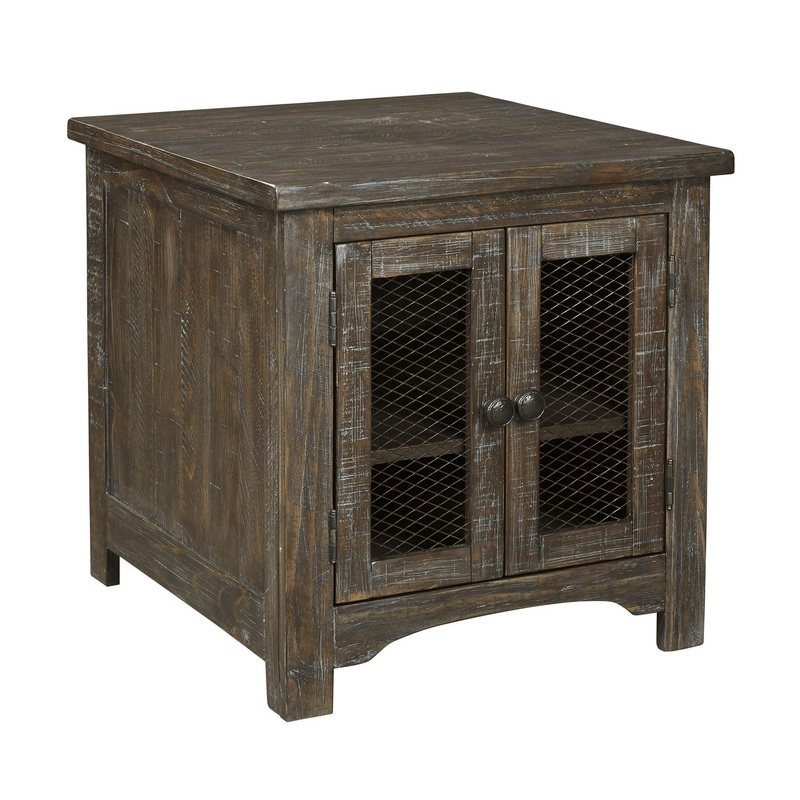 Wooden End Table with Wire Mesh Cabinet and Adjustable Shelf, Brown By Benzara