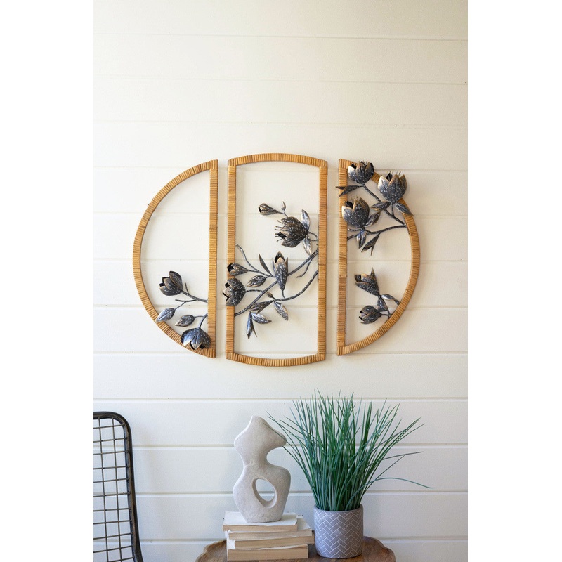 Three Piece Rattan Framed Floral Wall Art By Kalalou