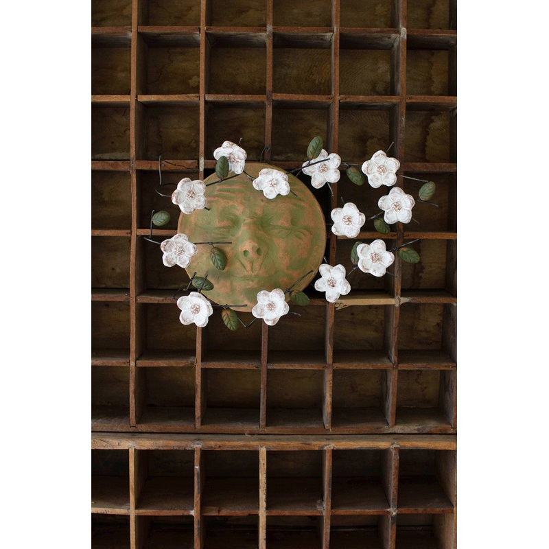 Wind Blown Clay Sun Face With Dogwood Flowers By Kalalou
