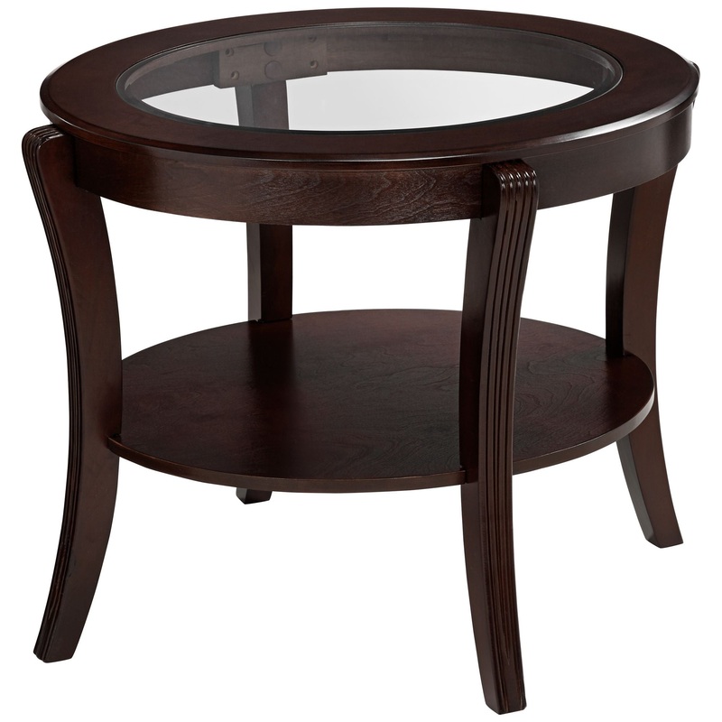 Oval Top Wooden End Table With Glass Insert And Open Shelf, Espresso Brown By Benzara