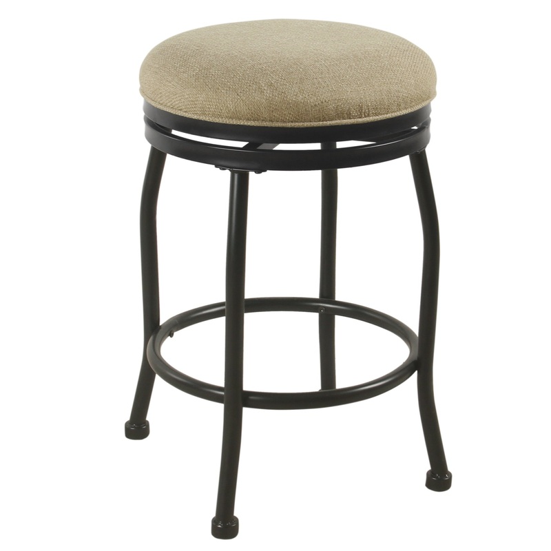 Metal Counter Stool With Swivelling Fabric Padded Seat, Beige And Black By Benzara
