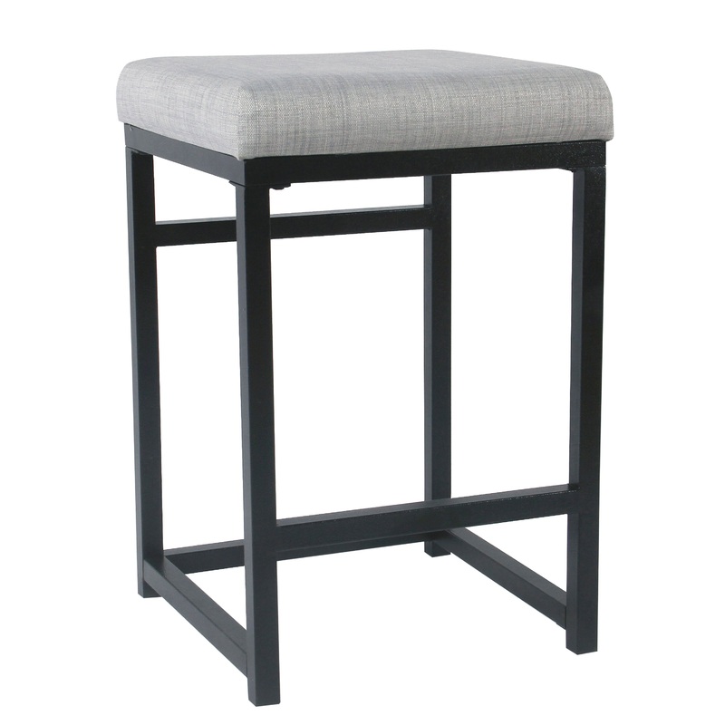 Open Back Metal Counter Stool With Fabric Upholstered Padded Seat, Gray And Black By Benzara