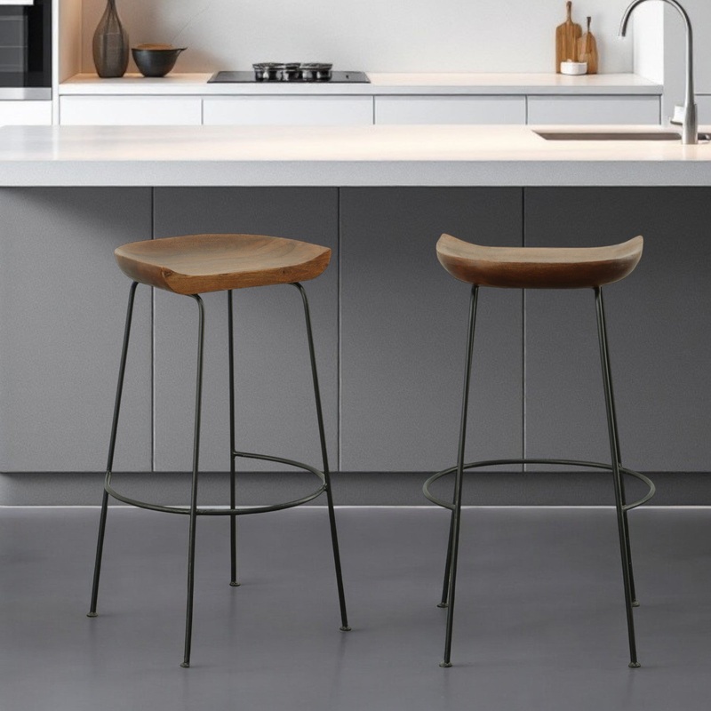 Set of Two Chestnut and Black Solid Wood and Steel Backless Bar Height Bar Chairs By Homeroots