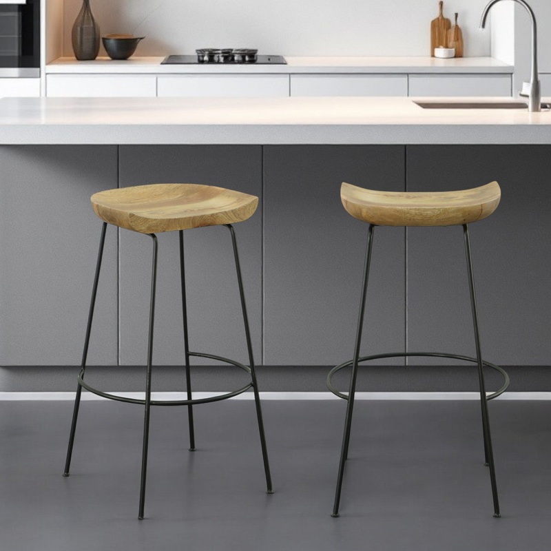 Set of Two Natural and Black Solid Wood and Steel Backless Bar Height Bar Chairs By Homeroots
