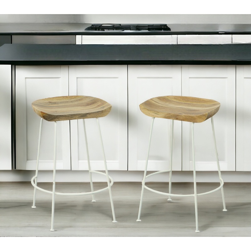 Set of Two Natural and White Solid Wood and Steel Backless Counter Height Bar Chairs By Homeroots